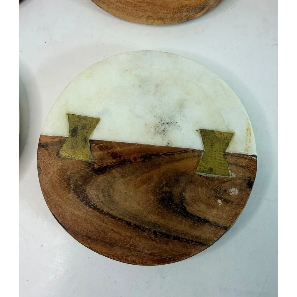 Crate and Barrel Marble Wood Round Coasters Brass Butterfly Inlay Two-Tone